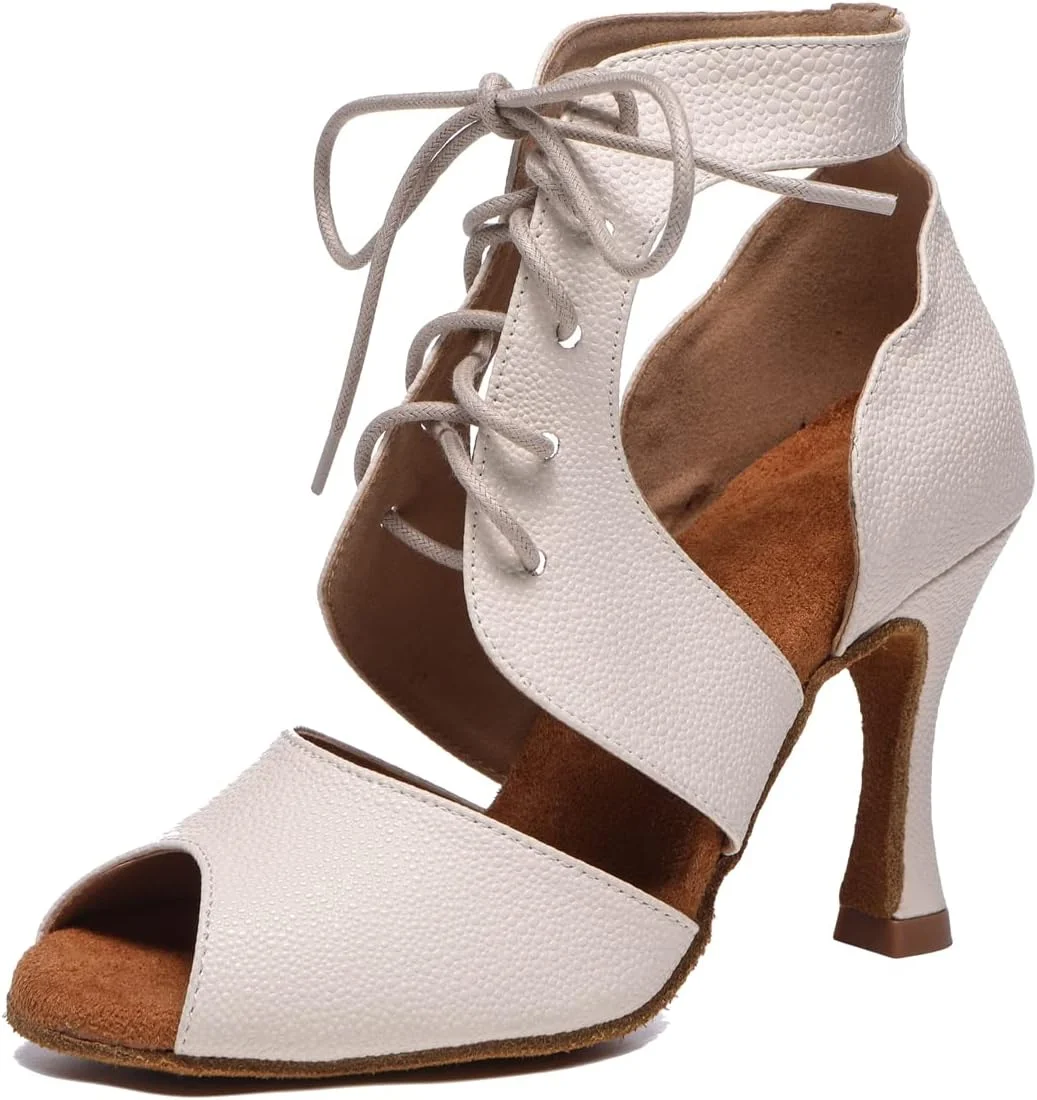 کفش رقص مجلسی زنانه LITNERMIA مدل بندی، بوت نیم‌ساق پاشنه 9 سانتی‌متری، Al530/بژ، سایز 5.5