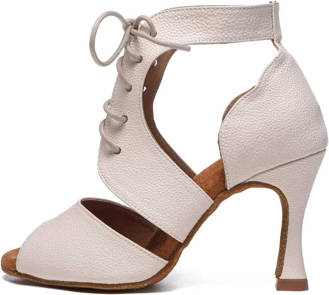 کفش رقص مجلسی زنانه LITNERMIA مدل بندی، بوت نیم‌ساق پاشنه 9 سانتی‌متری، Al530/بژ، سایز 5.5