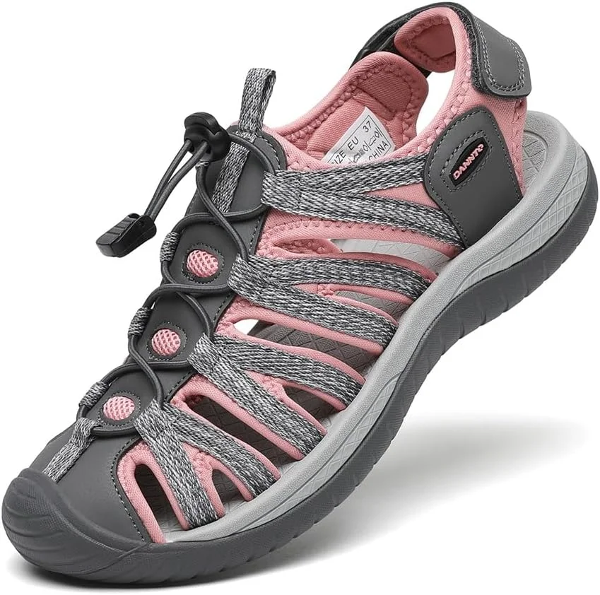 صندل زنانه دانتو با پنجه بسته، مناسب پیاده روی، صندل آبی، راحت، ورزشی، صندل فضای باز، خاکستری قرمز، سایز 8.5