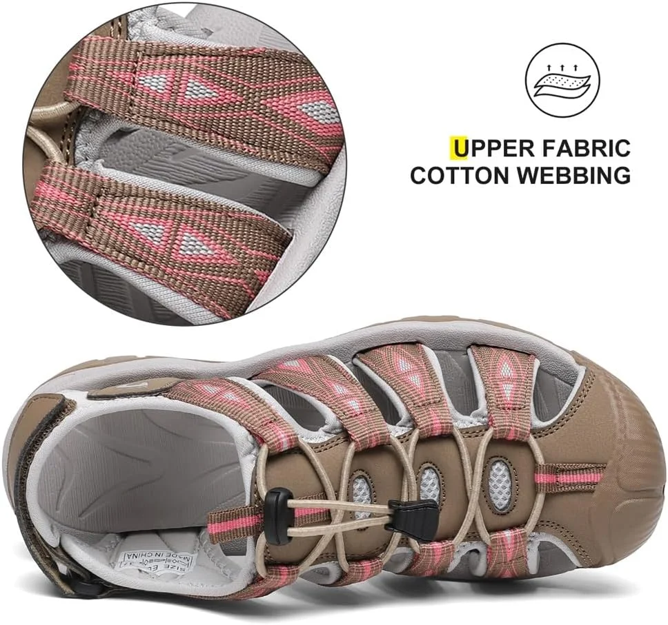 صندل ورزشی زنانه Dannto، صندل پیاده روی با پنجه بسته، صندل ورزشی سبک وزن مناسب پیاده روی و فعالیت های آبی در تابستان، بژ، سایز 9