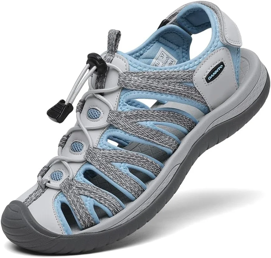 صندل زنانه دانتو با پنجه بسته، مناسب پیاده روی، صندل آبی سفید سایز 7