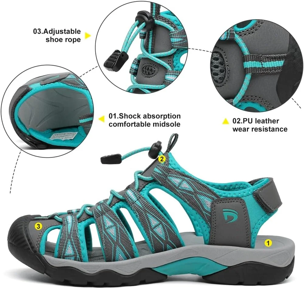 صندل ورزشی زنانه Dannto، صندل پیاده روی با پنجه بسته، صندل ورزشی سبک وزن مناسب آب و هوای گرم، خاکستری، سایز 6