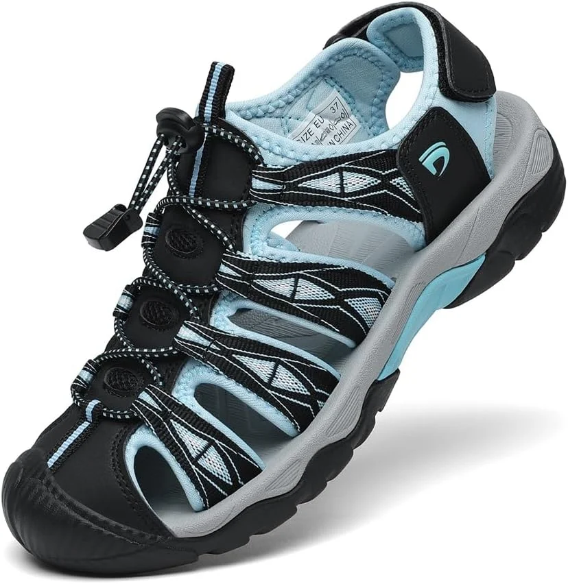 صندل ورزشی زنانه Dannto، صندل پیاده روی با پنجه بسته، صندل ورزشی سبک وزن مناسب پیاده روی در فضای باز، کفش های آبی تابستانی خاکستری و قرمز سایز 9