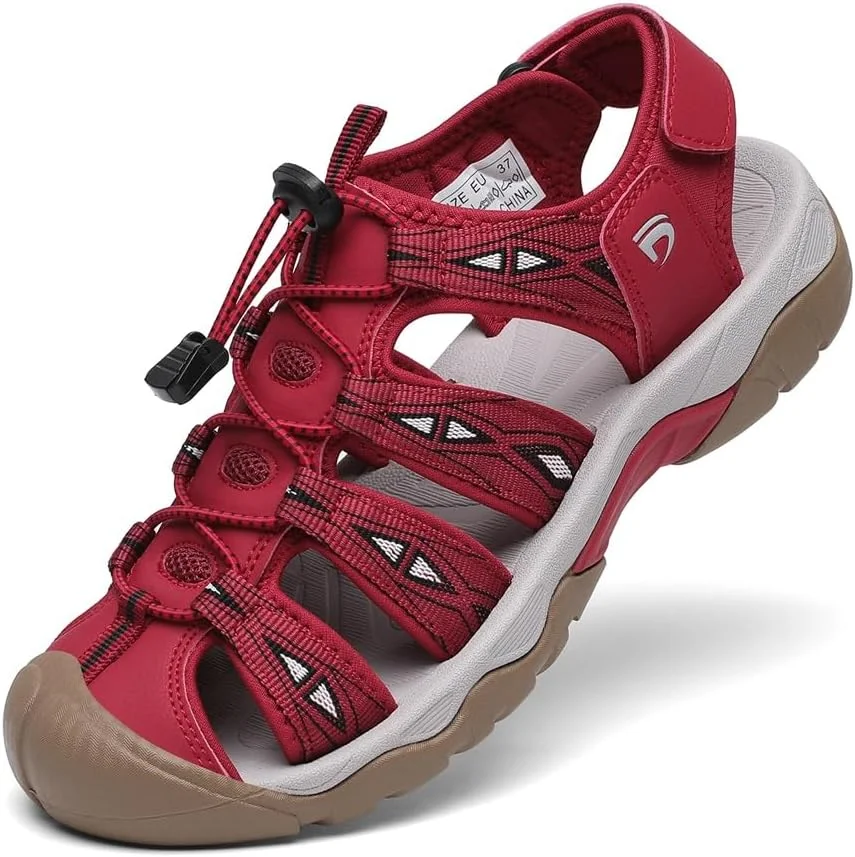 صندل ورزشی زنانه Dannto، صندل پیاده روی با پنجه بسته، صندل ورزشی سبک وزن مناسب آب و هوای گرم، رنگ قرمز، سایز 8.5
