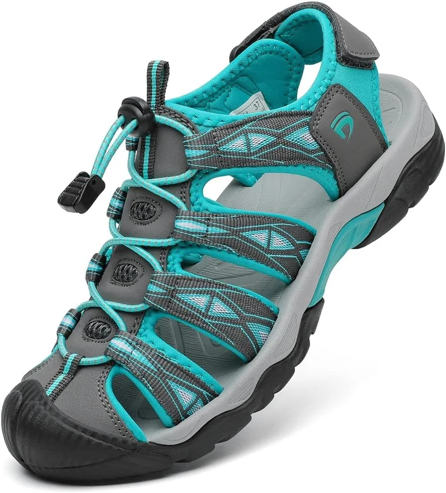 صندل ورزشی زنانه Dannto، صندل پیاده روی با پنجه بسته، صندل ورزشی سبک وزن مناسب پیاده روی در فضای باز، کفش های آبی تابستانی، خاکستری، سایز 38
