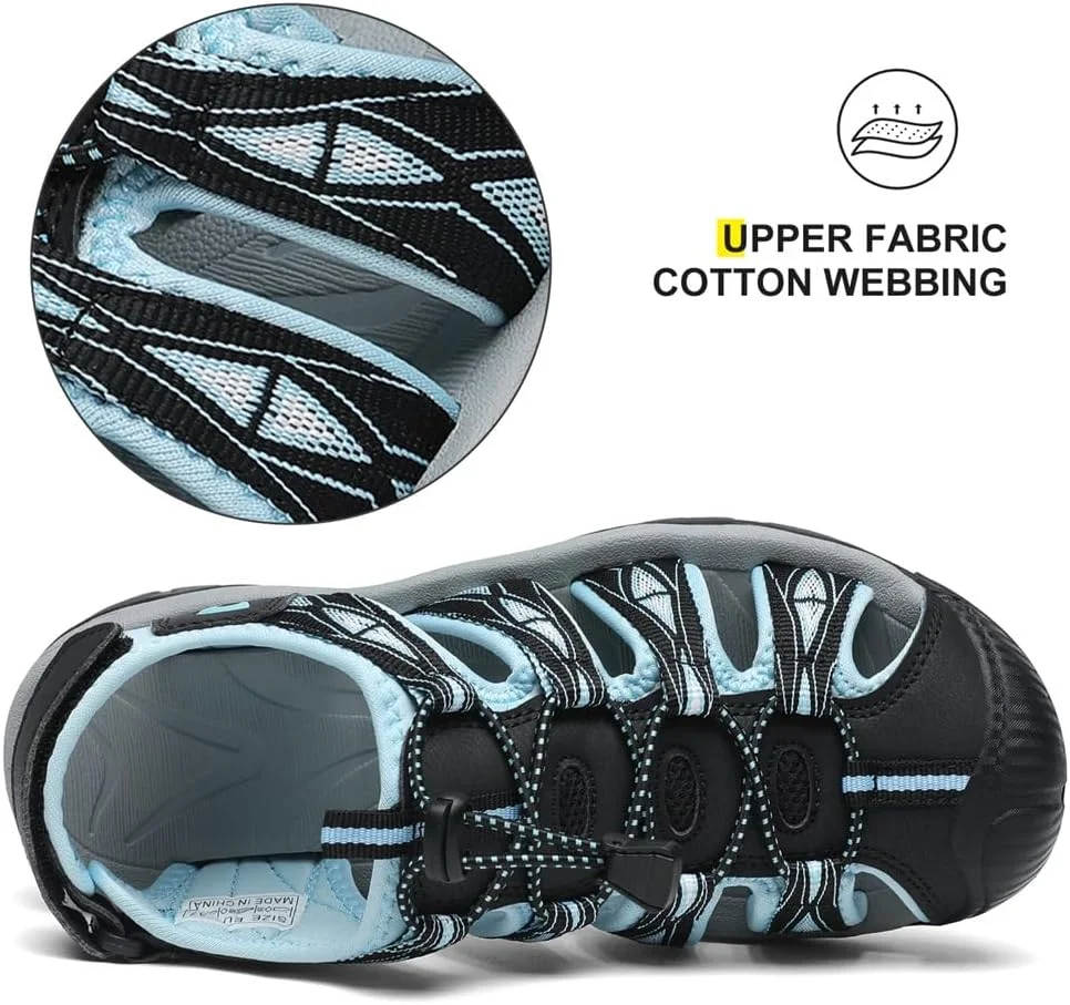 صندل ورزشی زنانه Dannto، صندل پیاده روی با پنجه بسته، صندل ورزشی سبک وزن مناسب پیاده روی در فضای باز، کفش های آبی تابستانی خاکستری و قرمز سایز 9