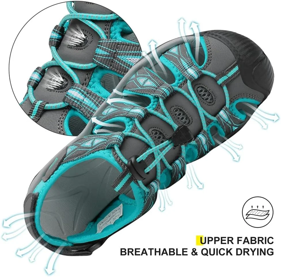 صندل ورزشی زنانه Dannto، صندل پیاده روی با پنجه بسته، صندل ورزشی سبک وزن مناسب پیاده روی در فضای باز، کفش های آبی تابستانی، خاکستری، سایز 38