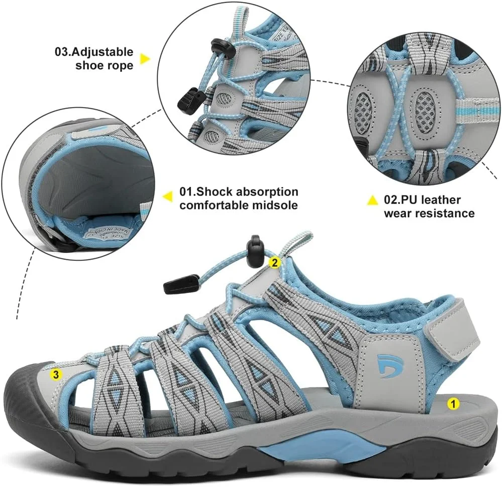 صندل ورزشی زنانه Dannto، صندل پیاده روی با پنجه بسته، صندل ورزشی سبک وزن تابستانی مناسب آب، بژ، سایز 10