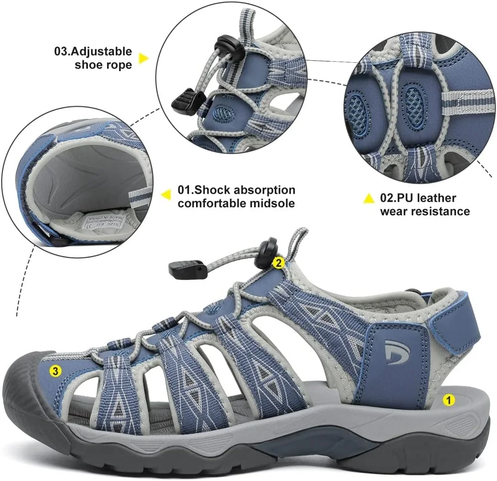 صندل ورزشی زنانه Dannto، صندل پیاده روی با پنجه بسته، صندل ورزشی سبک وزن مناسب آب و هوای تابستان، آبی، سایز 10