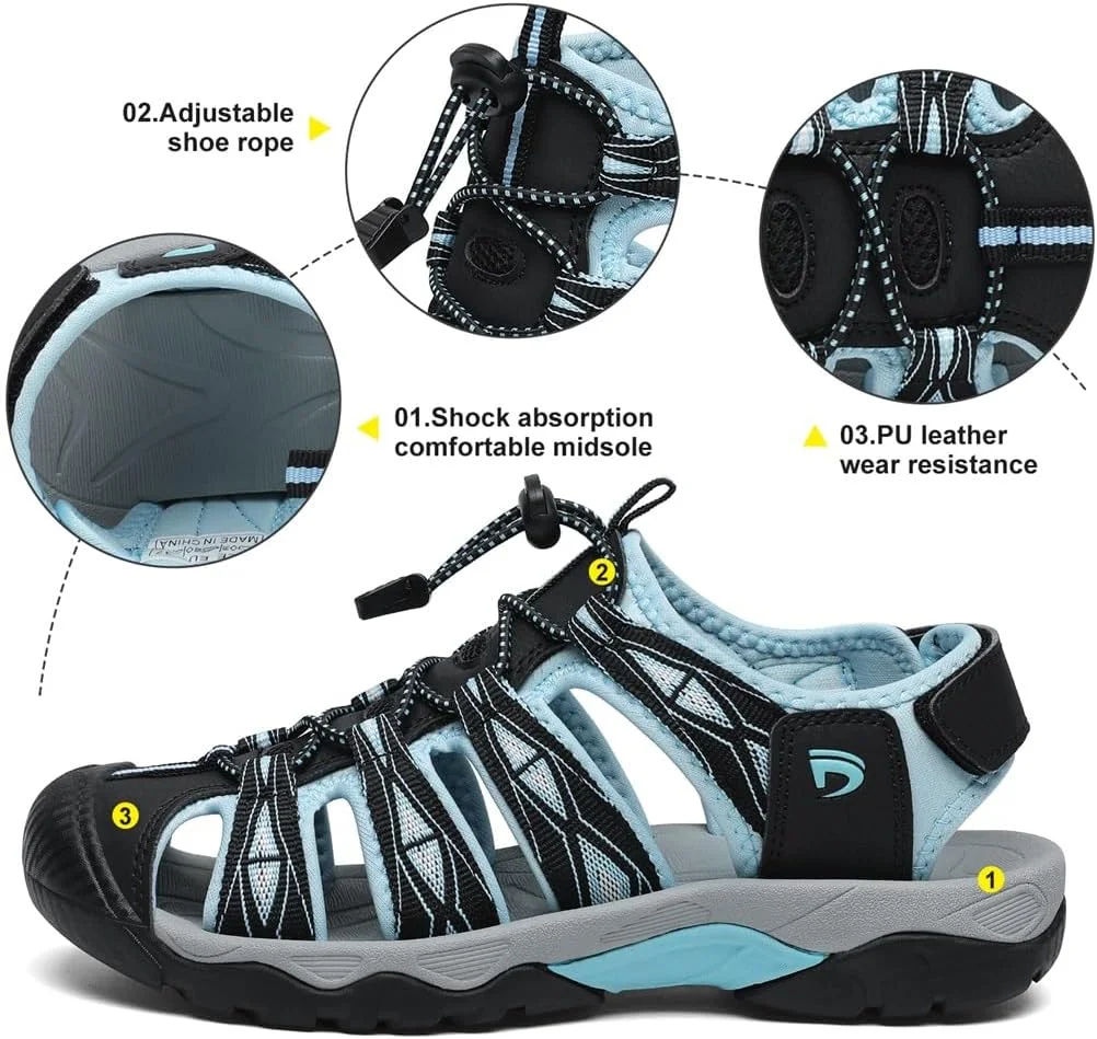 صندل ورزشی زنانه Dannto، صندل پیاده روی با پنجه بسته، صندل ورزشی سبک وزن مناسب پیاده روی در فضای باز، کفش های آبی تابستانی خاکستری و قرمز سایز 9