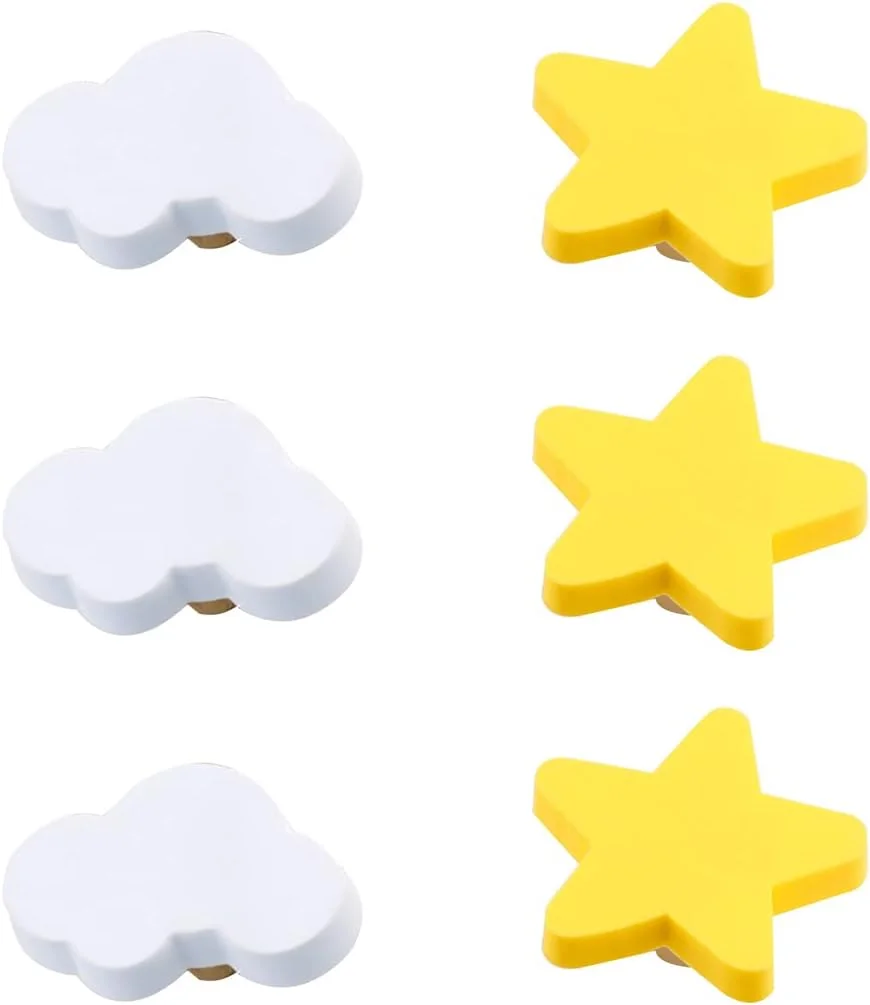 دستگیره های نرم کارتونی طرح آسمان خراش برای کمد، کشو، کابینت اتاق کودکان، جعبه اسباب بازی و کتابخانه، 6 عدد در هر ست (ستاره + ابر، ترکیبی)