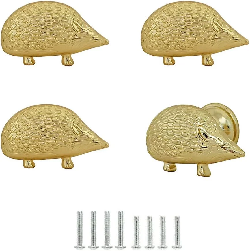 دستگیره کابینت طرح جوجه تیغی میزنگ، دستگیره کشو، دستگیره سخت افزاری مبلمان، دستگیره های تزئینی طرح حیوانات، دستگیره کمد و درب لباس، 4 عدد (طلایی)