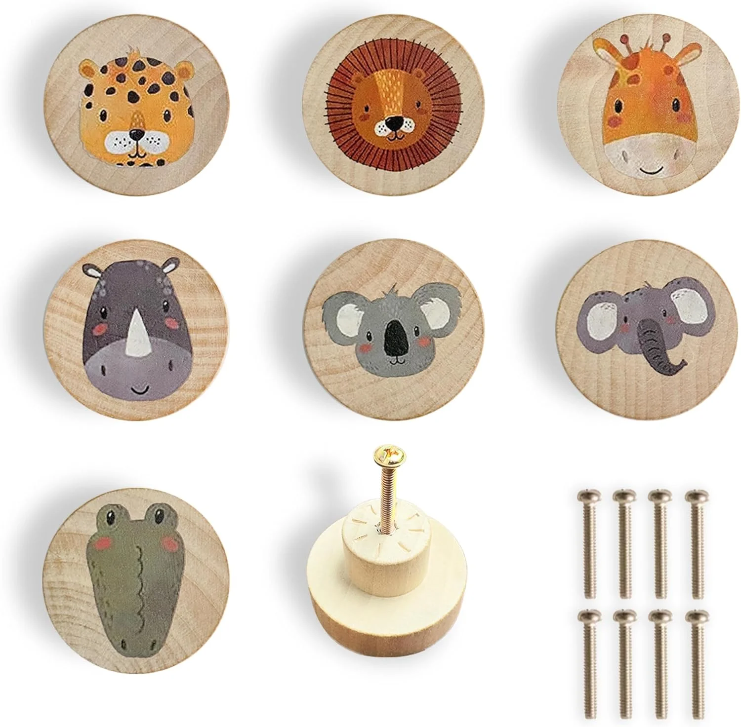 دستگیره های چوبی کمد و کشو طرح حیوانات Lasyman، گرد، منحصر به فرد و تزئینی برای کمد کودکان (8 عدد، رنگ چوب طبیعی 1)