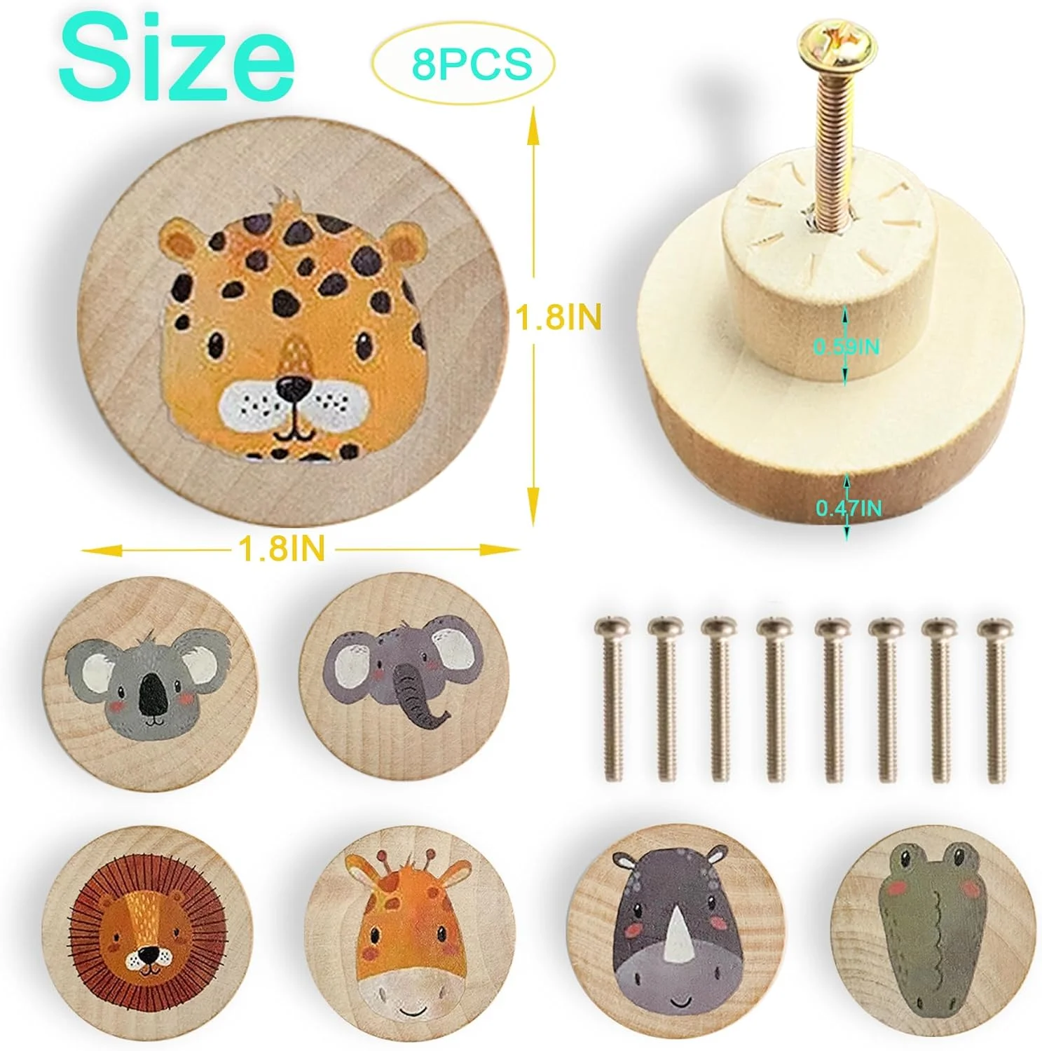 دستگیره های چوبی کمد و کشو طرح حیوانات Lasyman، گرد، منحصر به فرد و تزئینی برای کمد کودکان (8 عدد، رنگ چوب طبیعی 1)