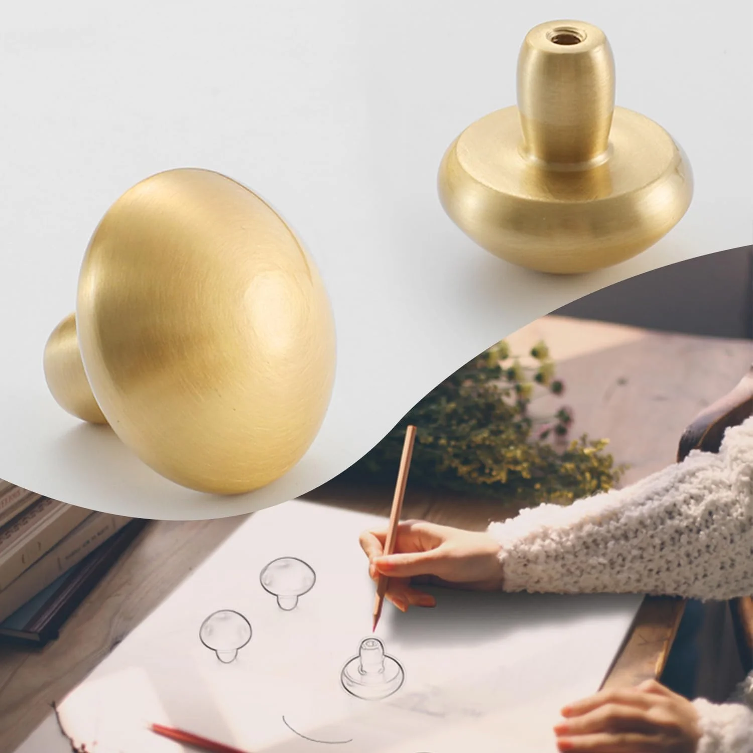 فلای‌بث، دستگیره کابینت قارچی، بسته‌ی 5 عددی، برنجی جامد، کشو آشپزخانه، طلایی، دستگیره مبلمان فانتزی، برنجی برس خورده