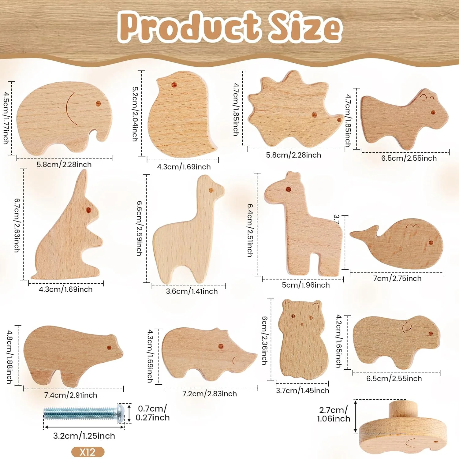 دستگیره های چوبی طرح حیوانات Foribyw، 12 عددی، همراه با پیچ، دستگیره کشوی مبلمان طرح حیوانات جنگلی بامزه 25 سانتی متری، دستگیره های تزئینی چوبی طبیعی برای کمد لباس اتاق کودکان