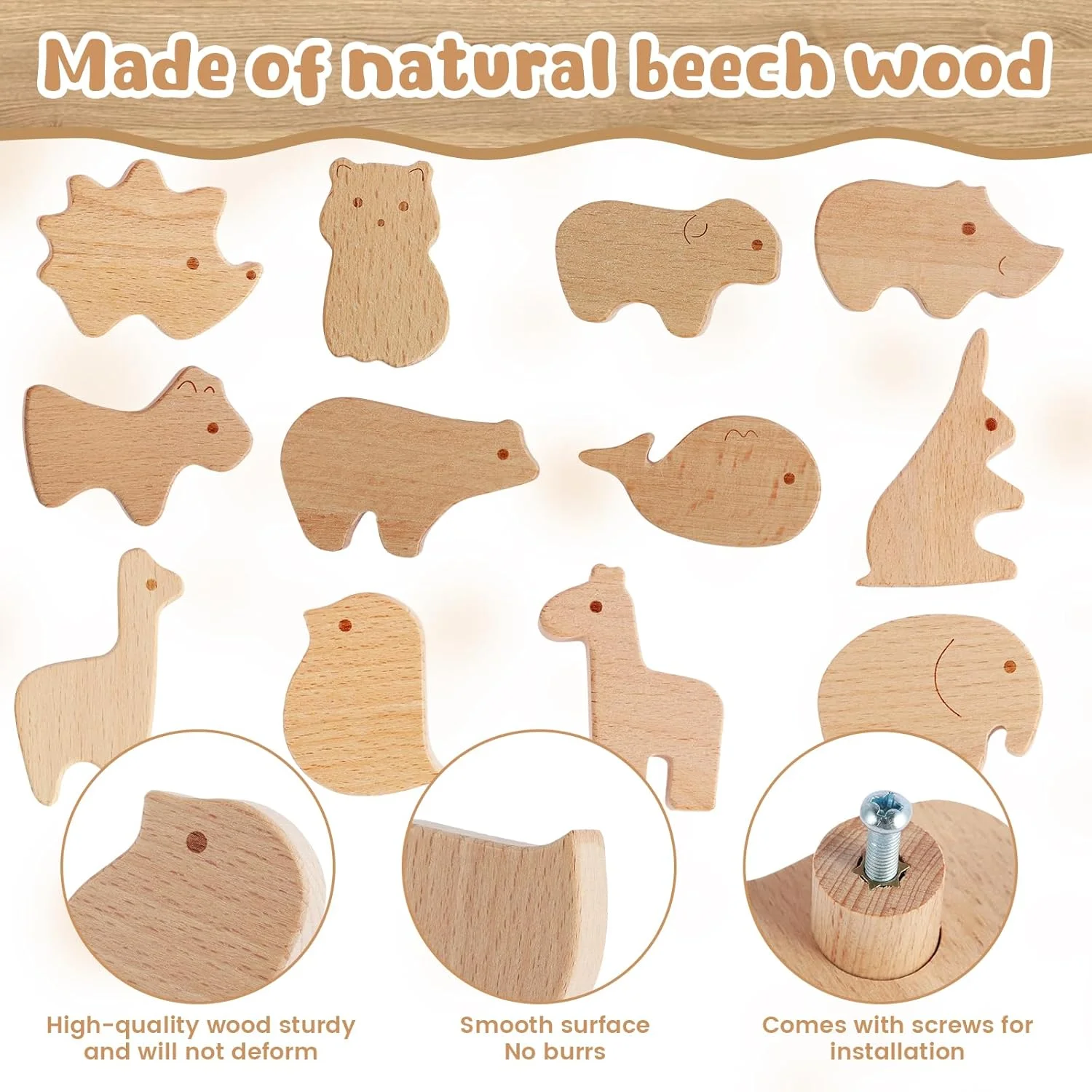 دستگیره های چوبی طرح حیوانات Foribyw، 12 عددی، همراه با پیچ، دستگیره کشوی مبلمان طرح حیوانات جنگلی بامزه 25 سانتی متری، دستگیره های تزئینی چوبی طبیعی برای کمد لباس اتاق کودکان