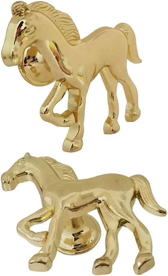 دستگیره طرح اسب برای کشو، 4 عدد، دستگیره کابینت، کمد، دراور، کمد لباس، میز کنار تخت، قفل، دستگیره آشپزخانه، اتاق خواب کودک (طلایی)