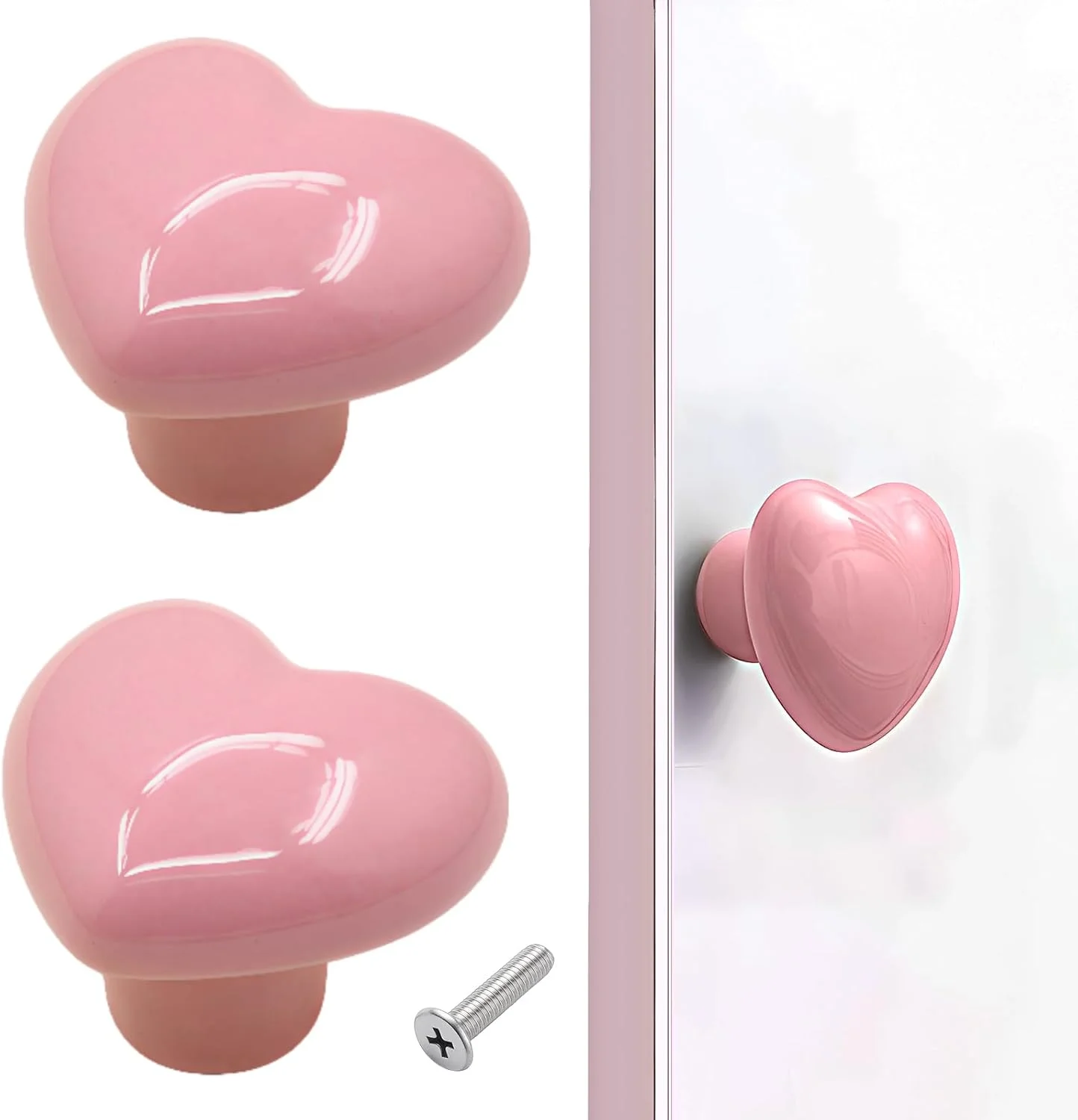 ست 2 عددی دستگیره سرامیکی کابینت، دستگیره کمد، دستگیره درب - طرح قلب با پیچ، سفت کردن با دست برای کمد، جالباسی، خانه، دفتر (صورتی)