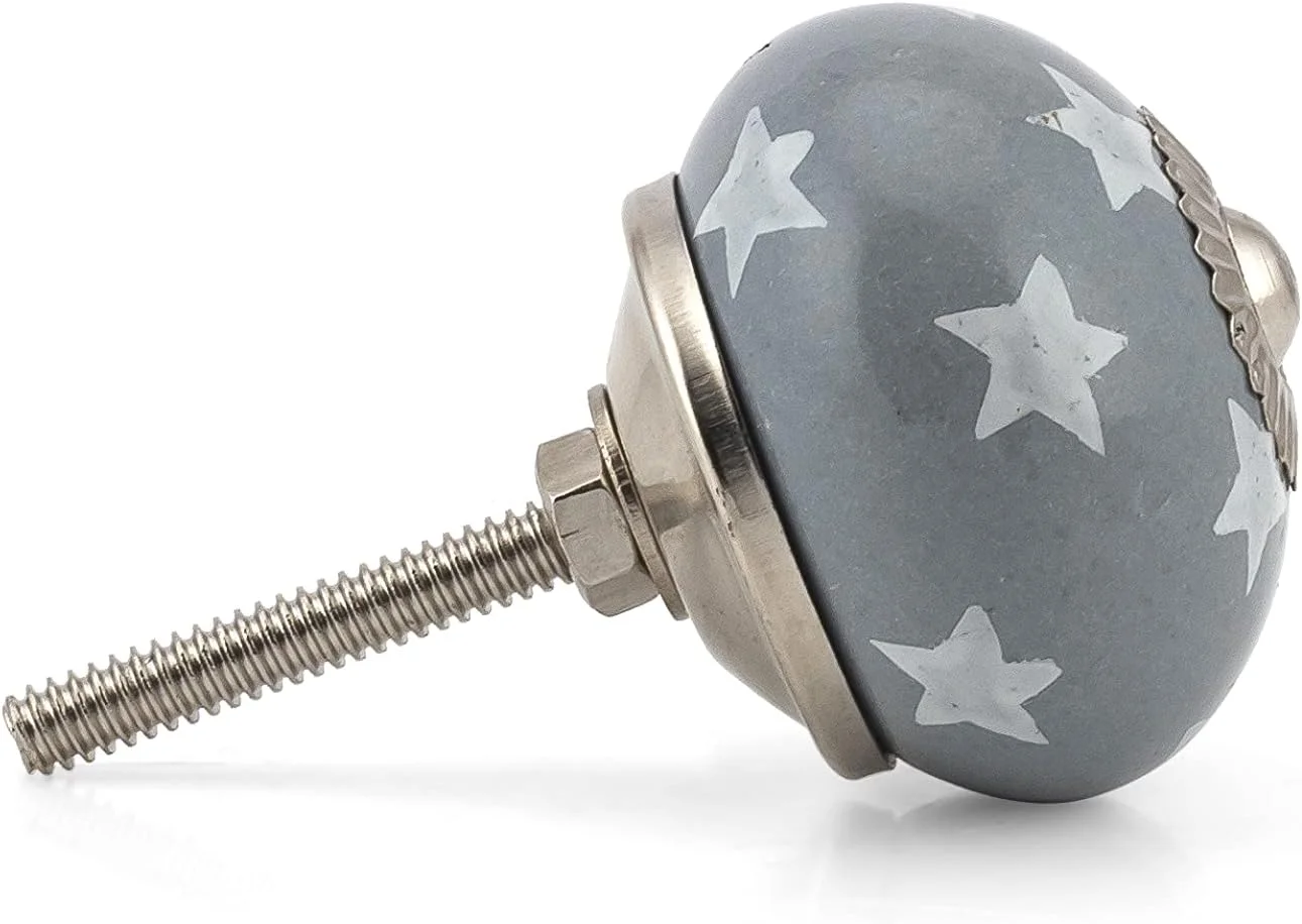 دستگیره های درب کشو صنایع دستی - مجموعه دستگیره های سرامیکی آبی رنگ با اتصالات برنجی برای کابینت ها و کمدها، لوازم جانبی سخت افزاری مبلمان عتیقه - خاکستری - بسته 6 عددی