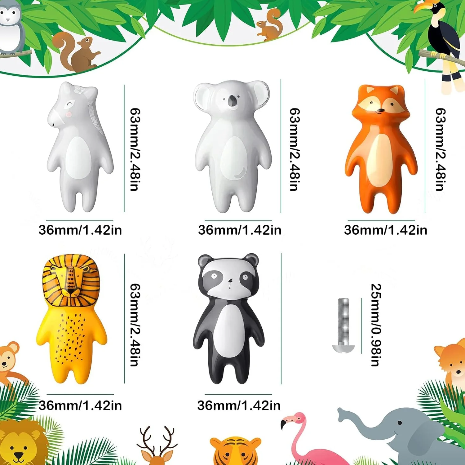 دستگیره های حیوانات بامزه Defsedar، 5 عدد دستگیره کشو طرح حیوانات، دستگیره سرامیکی کابینت - دستگیره کمد کشو مناسب اتاق کودک، اتاق خواب، حمام، آشپزخانه (چند رنگ)