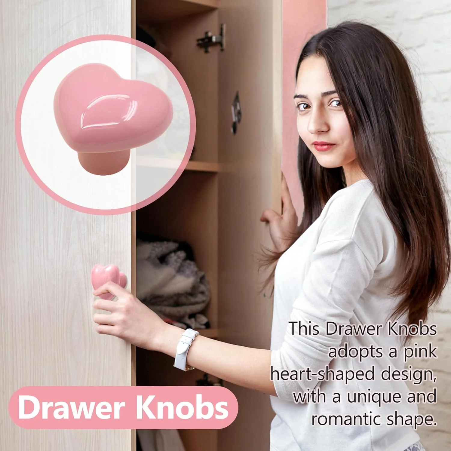ست 2 عددی دستگیره سرامیکی کابینت، دستگیره کمد، دستگیره درب - طرح قلب با پیچ، سفت کردن با دست برای کمد، جالباسی، خانه، دفتر (صورتی)