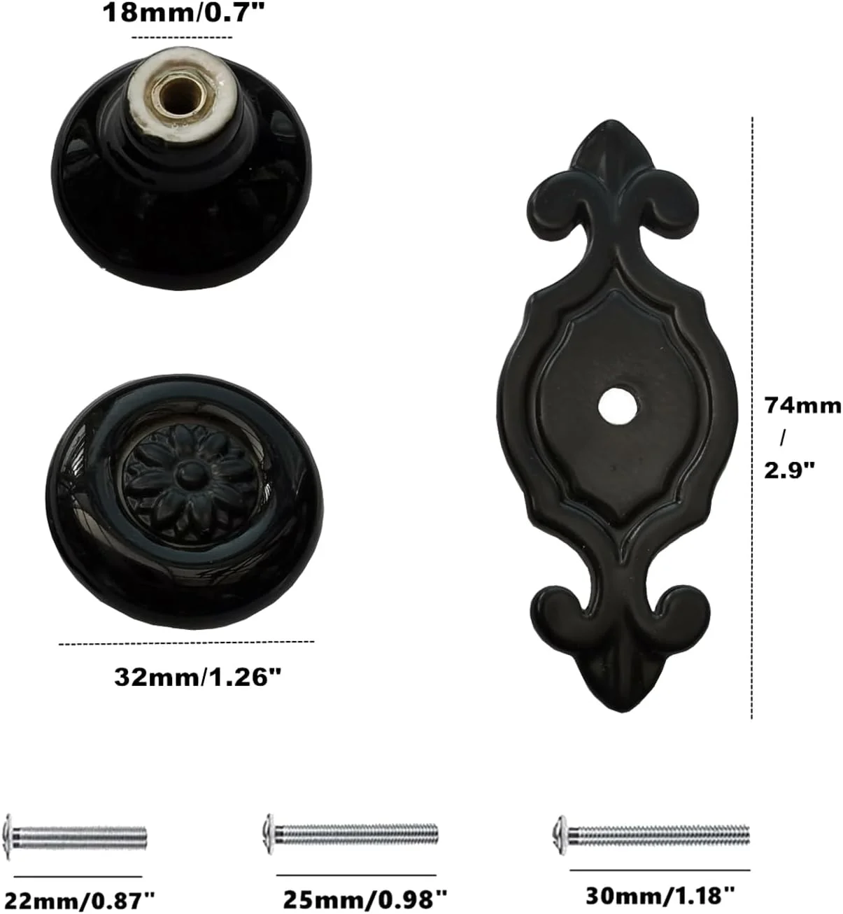 دستگیره و دکمه سرامیکی کابینت طرح قدیمی Ymaiss مناسب برای کابینت آشپزخانه، کمد، حمام، دراور، کمد لباس، دکوراسیون (12 عدد، مشکی)