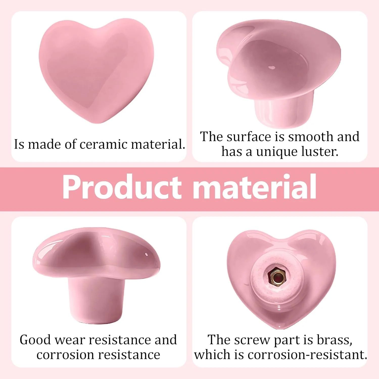 ست 2 عددی دستگیره سرامیکی کابینت، دستگیره کمد، دستگیره درب - طرح قلب با پیچ، سفت کردن با دست برای کمد، جالباسی، خانه، دفتر (صورتی)