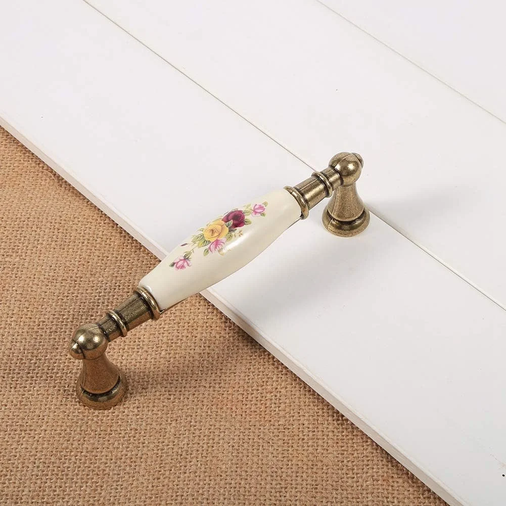 دستگیره کابینت BPOMEN، دستگیره درب سرامیکی طرح گل روستایی قدیمی برنزی DIY دستگیره کشو کمد برای کمد آشپزخانه، درب، کشو، کمد لباس، کابینت و غیره (1#)