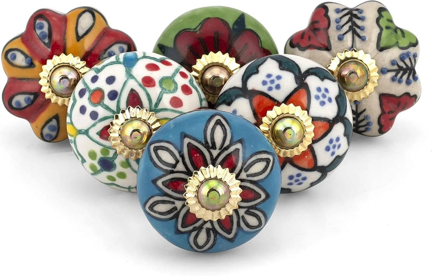 دستگیره های درب صنایع دستی برای کشوها - دستگیره های سرامیکی آبی رنگ با اتصالات برنجی برای کابینت ها و کمدها، لوازم جانبی سخت افزاری مبلمان عتیقه - چند رنگ - بسته 6 عددی