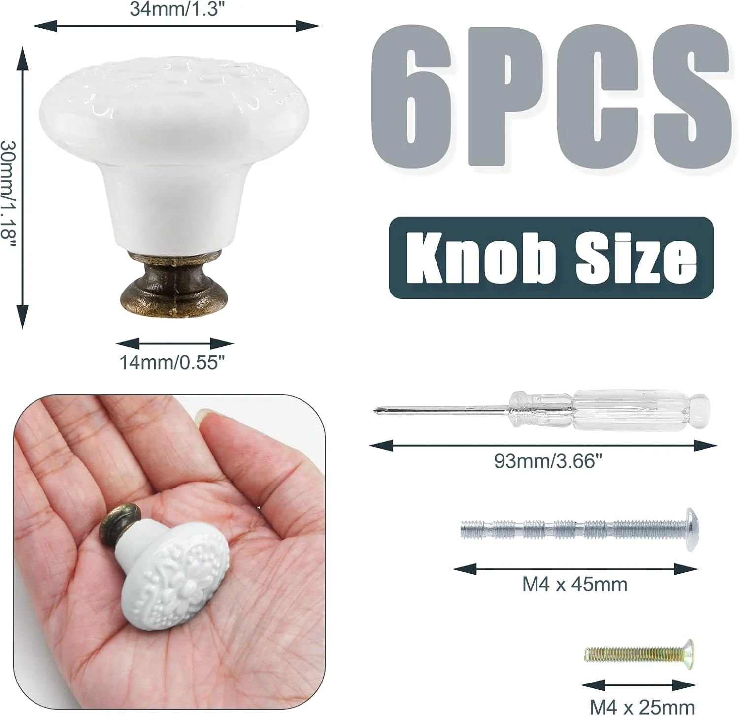بیاونگدو 6 عدد دستگیره و پول سفید سرامیکی کابینت آشپزخانه، دستگیره های گرد کشو به سبک قدیمی، دستگیره های تزئینی درب کمد