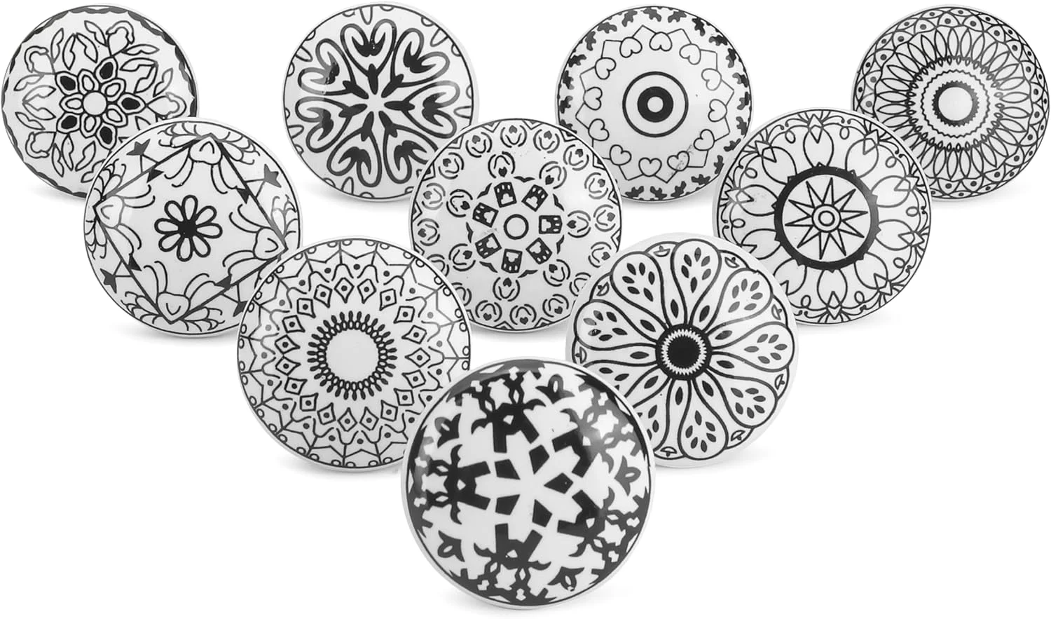 ست 10 عددی دستگیره سرامیکی آجونی، مشکی و سفید، طرح‌دار، مناسب درب کمد، کشو و دستگیره مبلمان برای کابینت آشپزخانه، کشوهای کمد حمام، سفال دست ساز، دستگیره‌های تزئینی