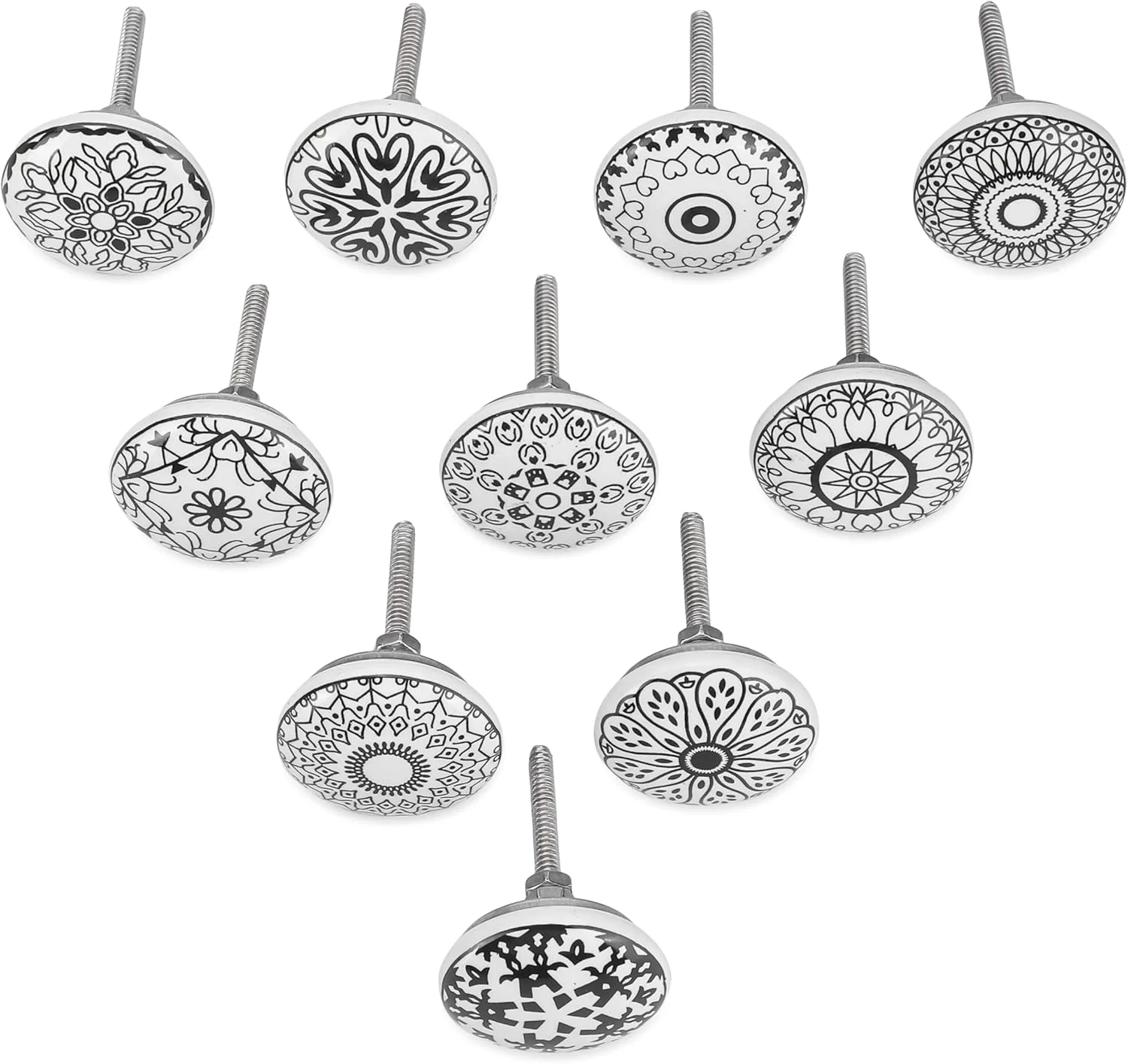 ست 10 عددی دستگیره سرامیکی آجونی، مشکی و سفید، طرح‌دار، مناسب درب کمد، کشو و دستگیره مبلمان برای کابینت آشپزخانه، کشوهای کمد حمام، سفال دست ساز، دستگیره‌های تزئینی