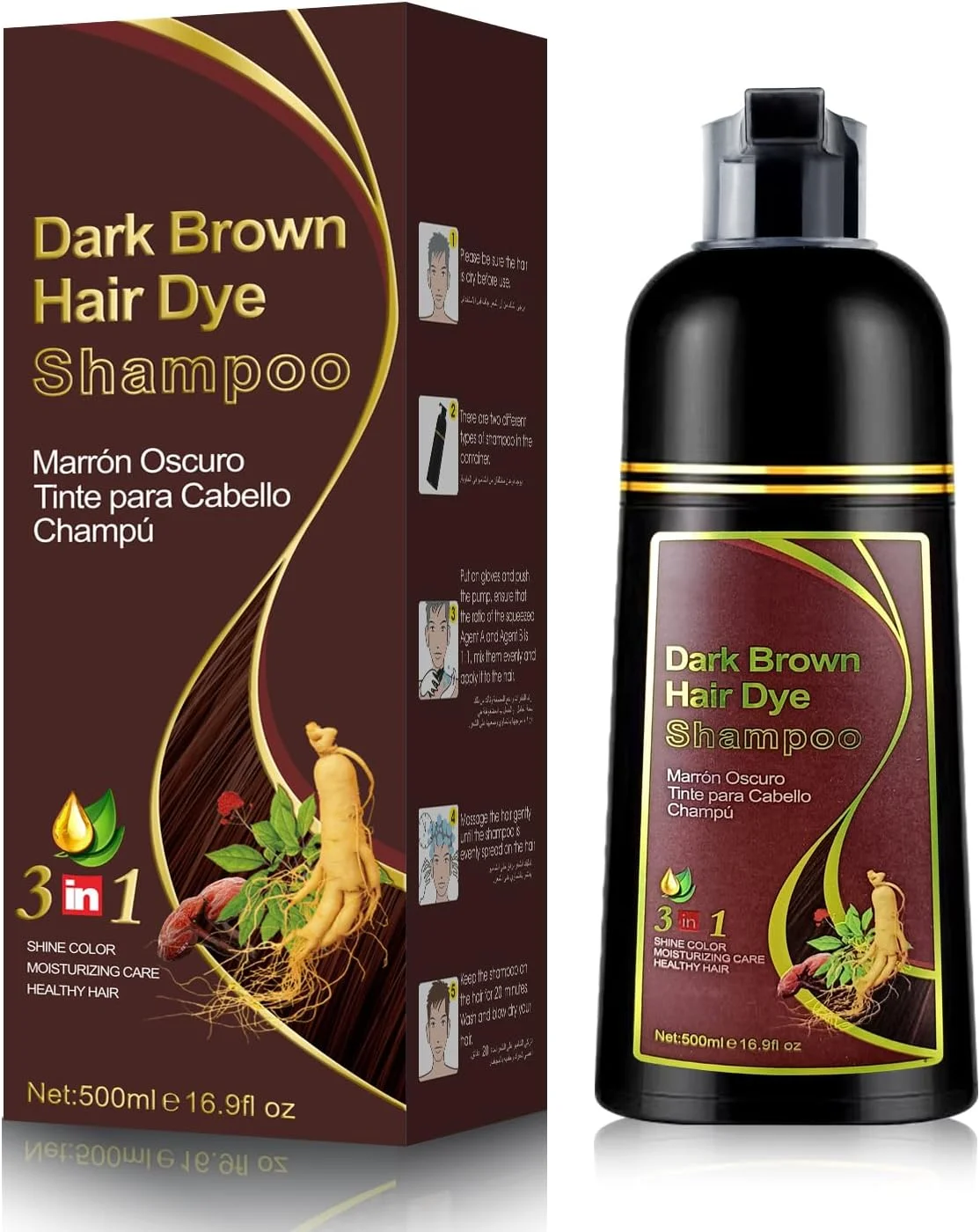شامپو موی قهوه ای 3 در 1، شامپو رنگ موی فوری برای موهای سفید، شامپو موی طبیعی برای زنان و مردان، شامپو رنگ مو 500 میلی لیتری با ماندگاری 30 روز با مواد گیاهی