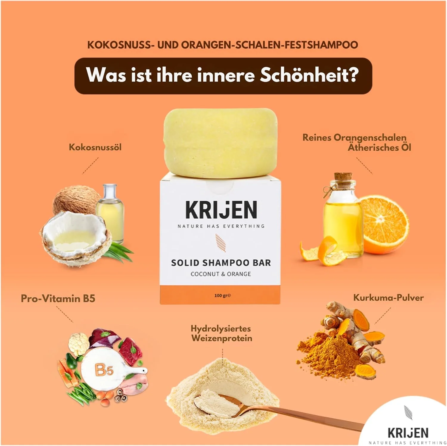 شامپو جامد وگان با روغن نارگیل و روغن پرتقال 100 گرم | حجم دهنده برای موهای نازک و معمولی | حاوی پروتئین گیاهی و پروویتامین B5 شامپو جامد وگان با روغن نارگیل و روغن پرتقال 100 گرم | حجم دهنده برای موهای نازک و معمولی | حاوی پروتئین گیاهی و پروویتامین B5