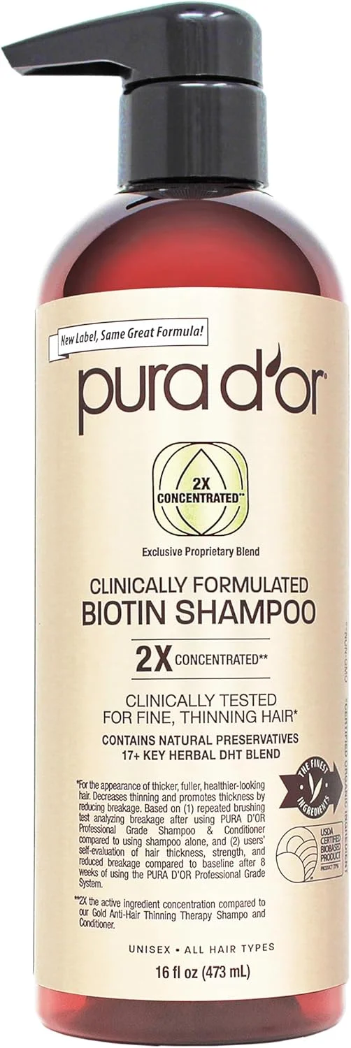 شامپو بیوتین حرفه ای PURA D'OR، مراقبت از موی ضد ریزش با فرمول اثبات شده بالینی، محصولات غلیظ کننده مو با غلظت 2 برابر برای زنان و مردان، 473 میلی لیتر