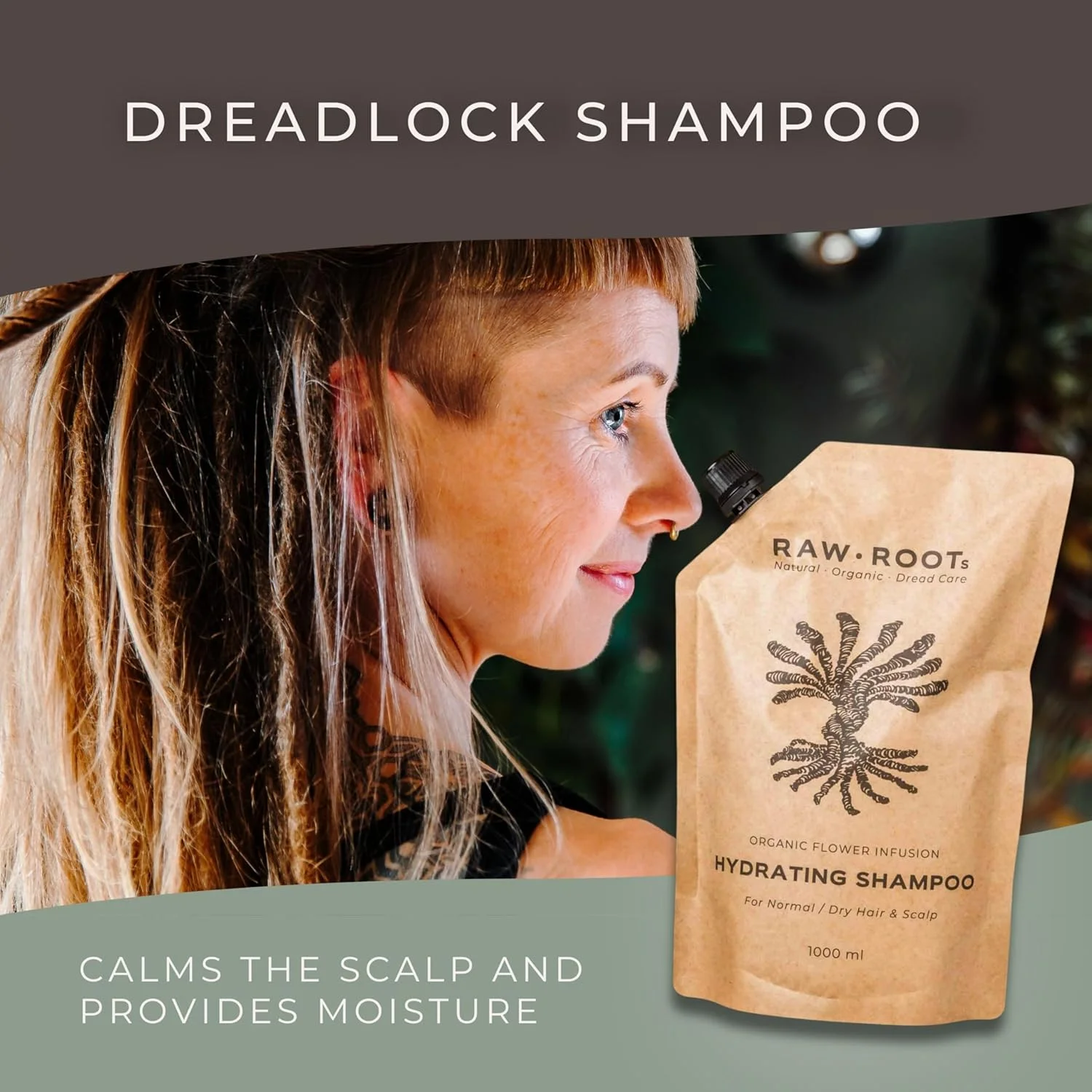 شامپو آبرسان RAW ROOTs برای در dreadlock ها 1000 میلی لیتر - شامپو بدون سولفات برای موهای معمولی تا خشک - همچنین مناسب برای موهای فر - شامپو بدون سولفات سیلیکون و پارابن