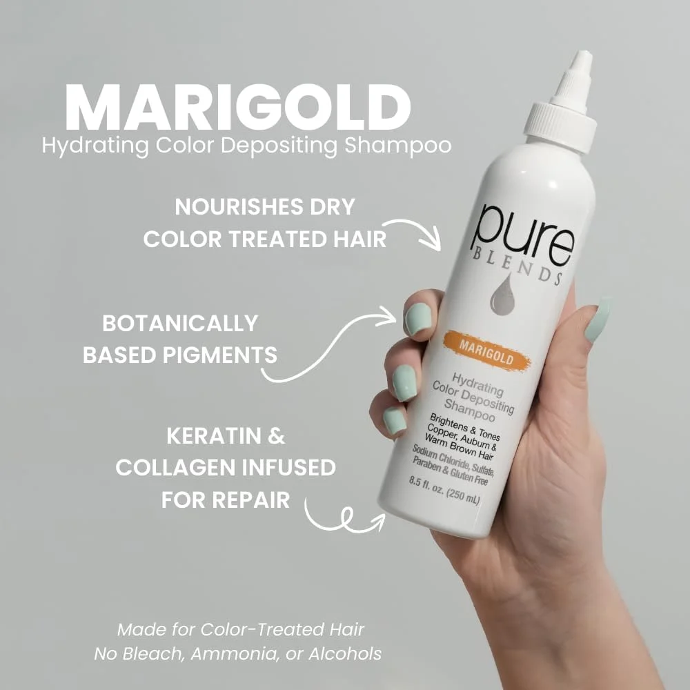 شامپو رنگساژ آبرسان Pure Blends با عصاره گل همیشه بهار، روشن کننده و تقویت کننده رنگ موهای کدر شده، رنگ موی نیمه دائمی، جلوگیری از محو شدن رنگ مو، افزایش ماندگاری رنگ مو، مناسب برای موهای رنگ شده، 250 میلی لیتر
