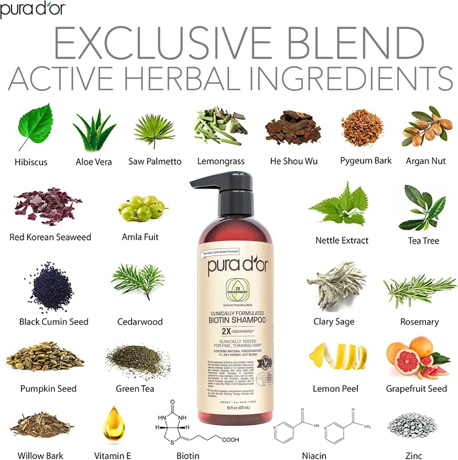 شامپو بیوتین حرفه ای PURA D'OR، مراقبت از موی ضد ریزش با فرمول اثبات شده بالینی، محصولات غلیظ کننده مو با غلظت 2 برابر برای زنان و مردان، 473 میلی لیتر