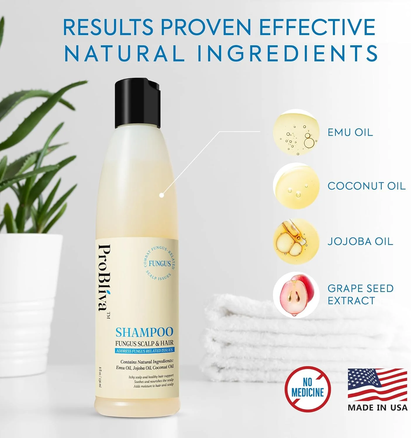 شامپو ضد قارچ ProBliva با مواد طبیعی روغن نارگیل، روغن جوجوبا، روغن شترمرغ برای مو و پوست سر برای آقایان و بانوان