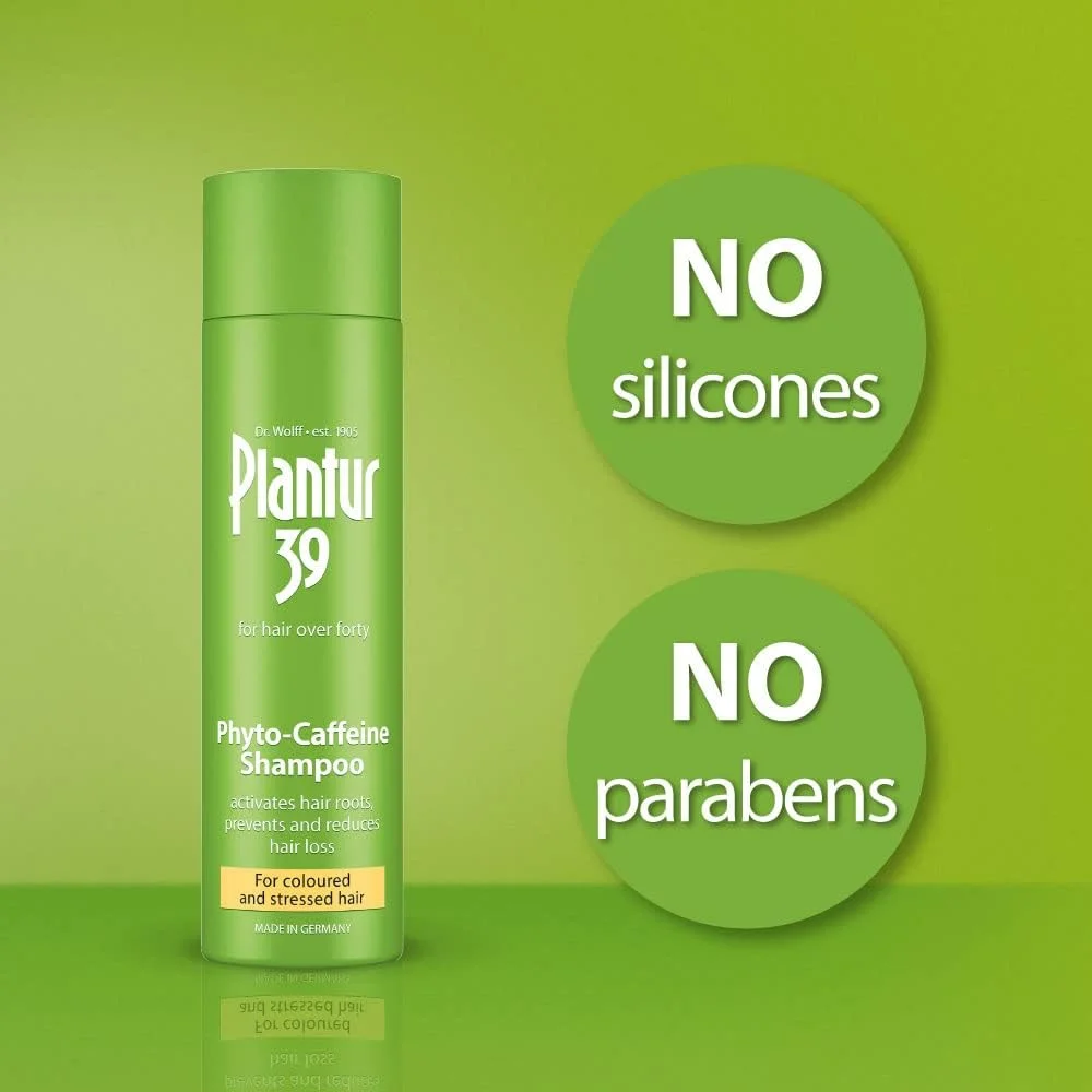 شامپو فیتو-کافئین Plantur 39 برای خانم های بالای 40 سال، موهای رنگ شده و آسیب دیده، 2x250ml – جلوگیری از ریزش موی ناشی از یائسگی، بازگرداندن درخشش، ترمیم ساختار موهای آسیب دیده، محافظت از آسیب های محیطی