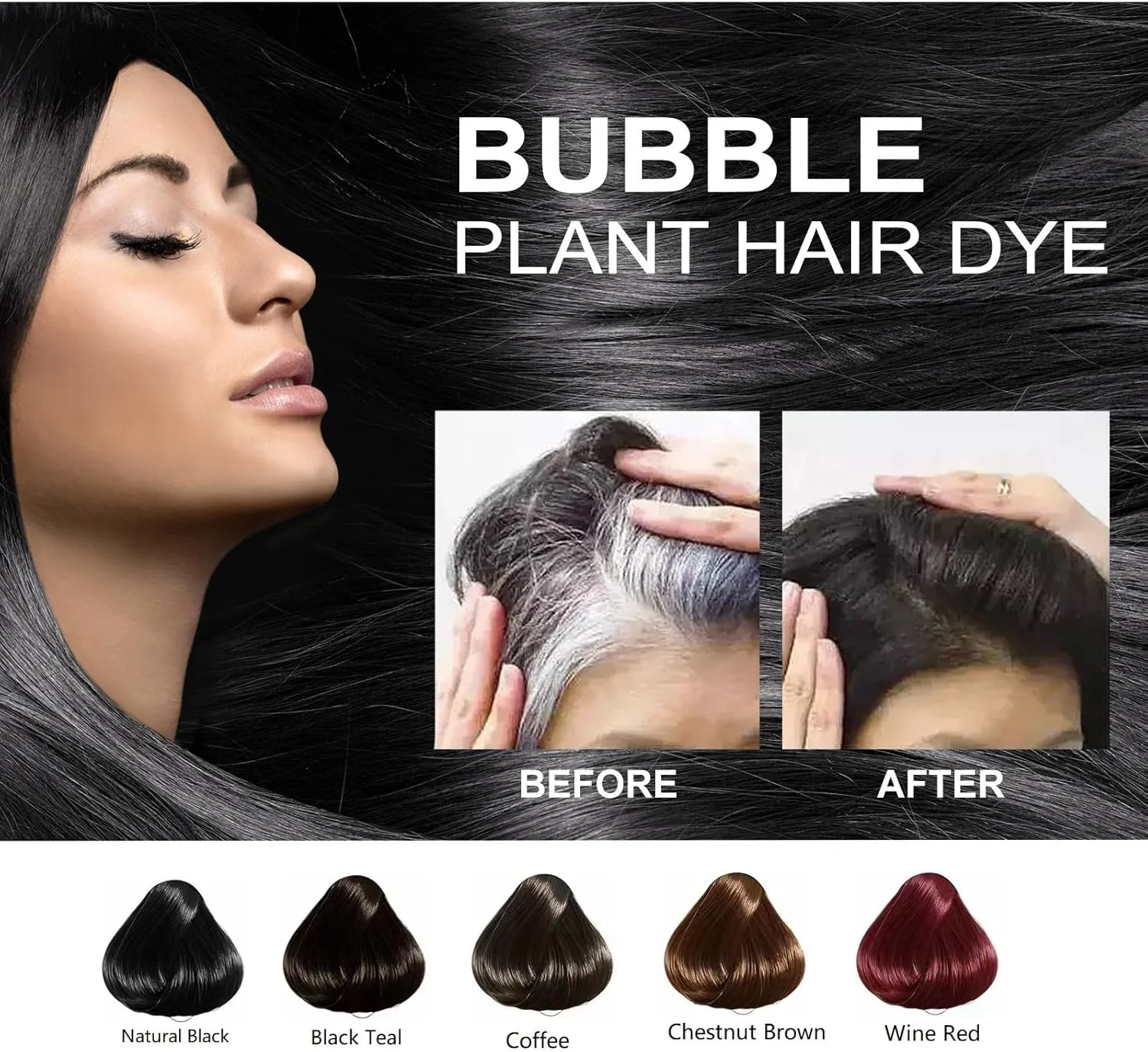 شامپو رنگ مو فوم عصاره گیاهی برای رنگ کردن موهای سفید، رنگرزی طبیعی برای زنان و مردان (مشکی)