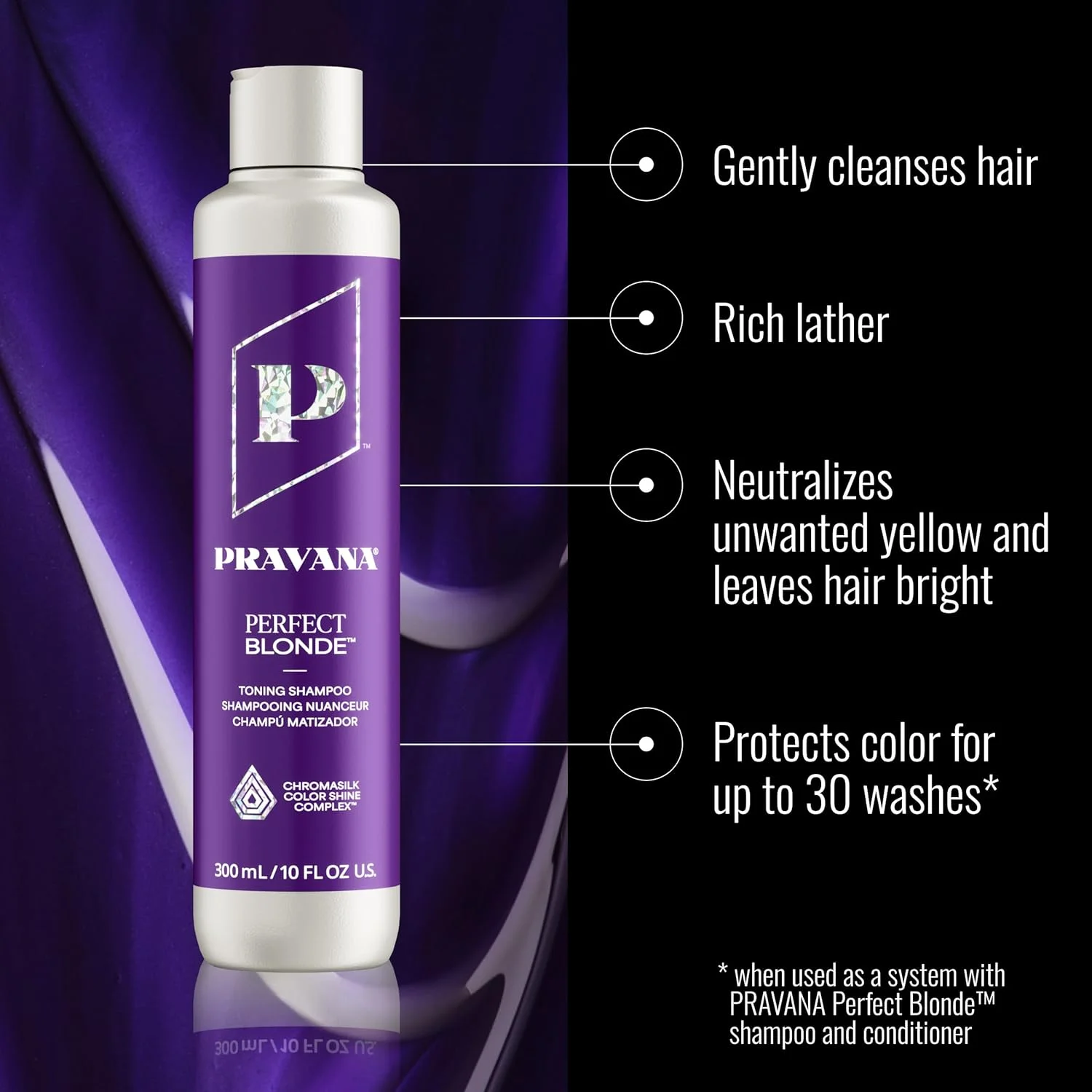 شامپو ضد زردی و بنفش پراوانا برای موهای بلوند | خنثی کننده رنگ های زرد و نارنجی ناخواسته | مناسب موهای رنگ شده | افزایش درخشندگی و محافظت از مو با Chromasilk | فاقد سولفات، پارابن و وگان | حجم 295 میل