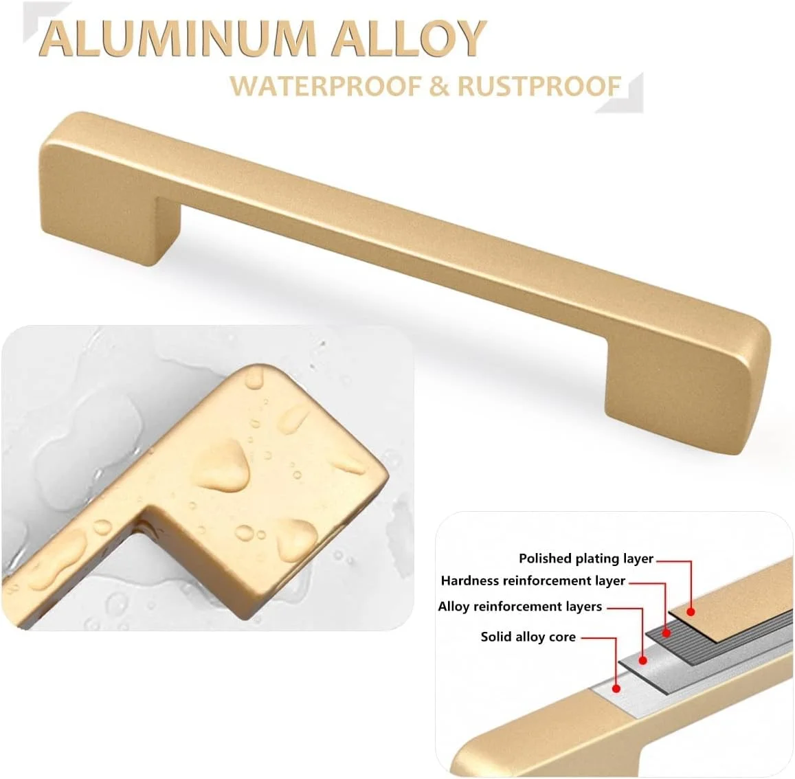 دستگیره کابینت آشپزخانه طلایی SYOSI، دستگیره درب طلایی مدرن آلیاژ آلومینیوم دستگیره کابینت کشو دستگیره مبلمان مربع برای کابینت آشپزخانه و حمام (6 عدد 128 میلی متر)