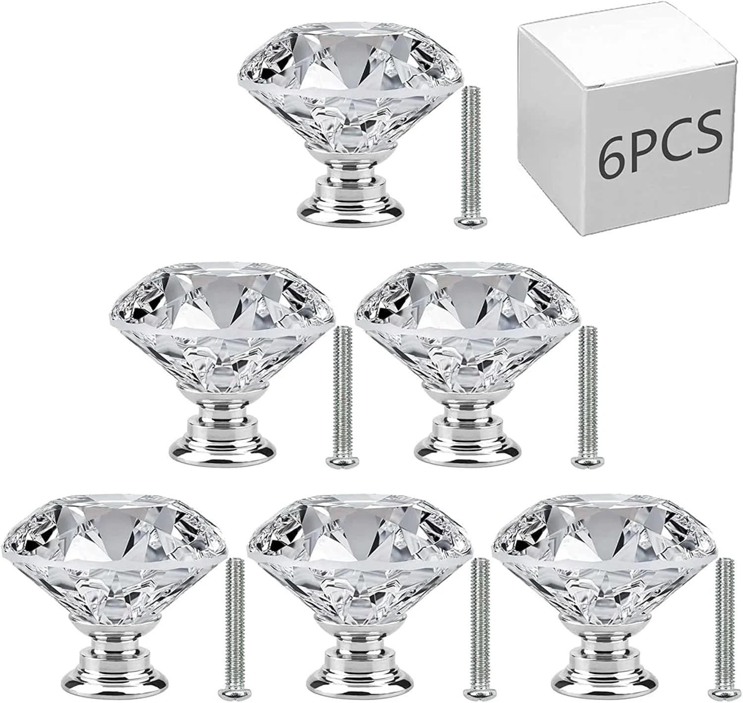 دستگیره های کشو فنری X، دستگیره های کشو کابینت شیشه ای شفاف، 6 عدد دستگیره کابینت الماسی شکل 30 میلی متری با پیچ، دستگیره کمد برای آشپزخانه، کمد لباس، کابینت، حمام، کمد (نقره ای)