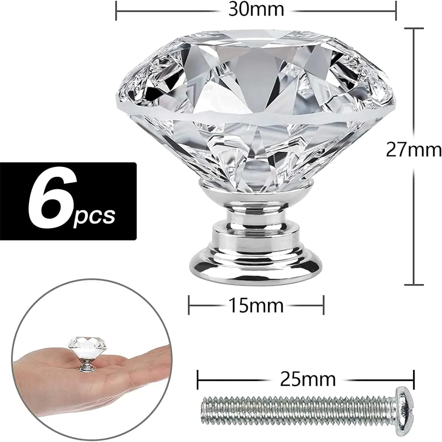 دستگیره های کشو فنری X، دستگیره های کشو کابینت شیشه ای شفاف، 6 عدد دستگیره کابینت الماسی شکل 30 میلی متری با پیچ، دستگیره کمد برای آشپزخانه، کمد لباس، کابینت، حمام، کمد (نقره ای)