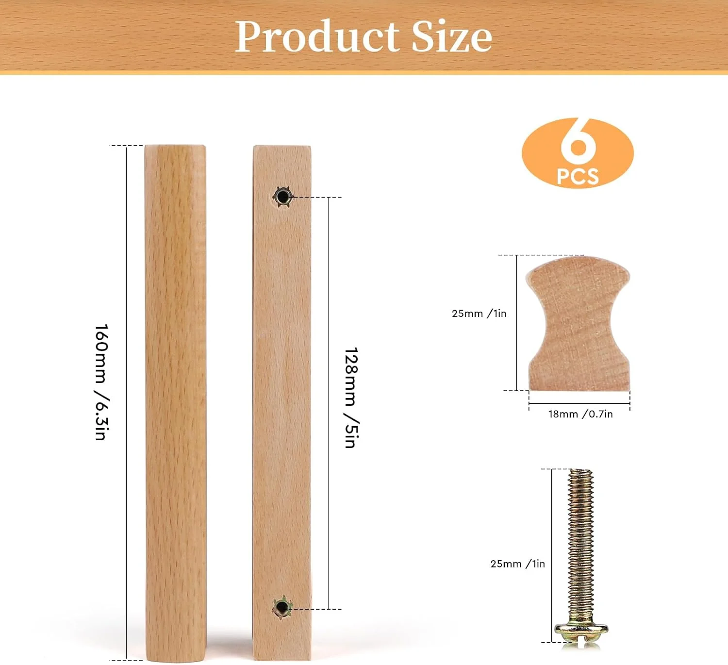 دستگیره چوبی کشو مبلمان آشپزخانه SWAWIS، 6 عددی، 128 میلی متر، دستگیره های مدرن مبلمان با پیچ، دستگیره های چوبی راش برای کابینت ها، کشوها، مبلمان آشپزخانه