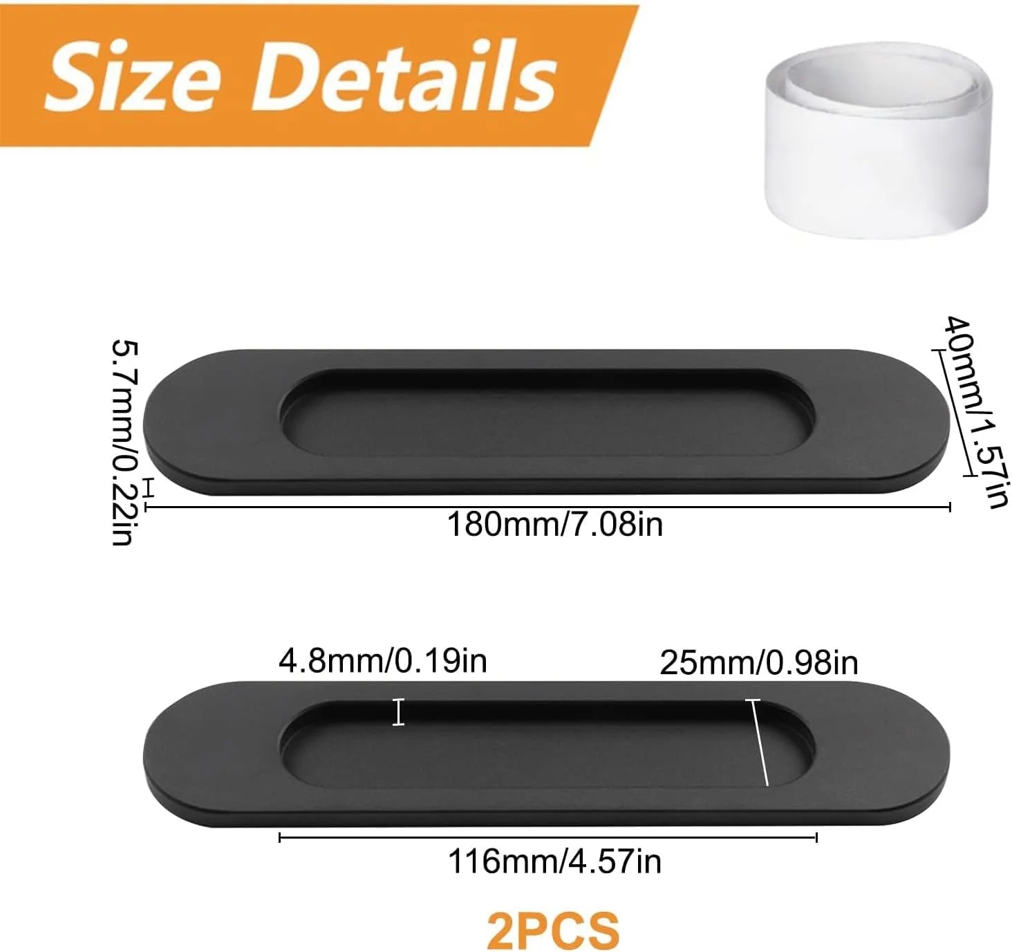 دستگیره کشویی بیضی شکل خود چسب، 2 عدد دستگیره توکار آلیاژ آلومینیوم مشکی مات بدون نیاز به پانچ برای درب های کشویی انبار، پنجره ها، کابینت ها / 18 سانتی متر