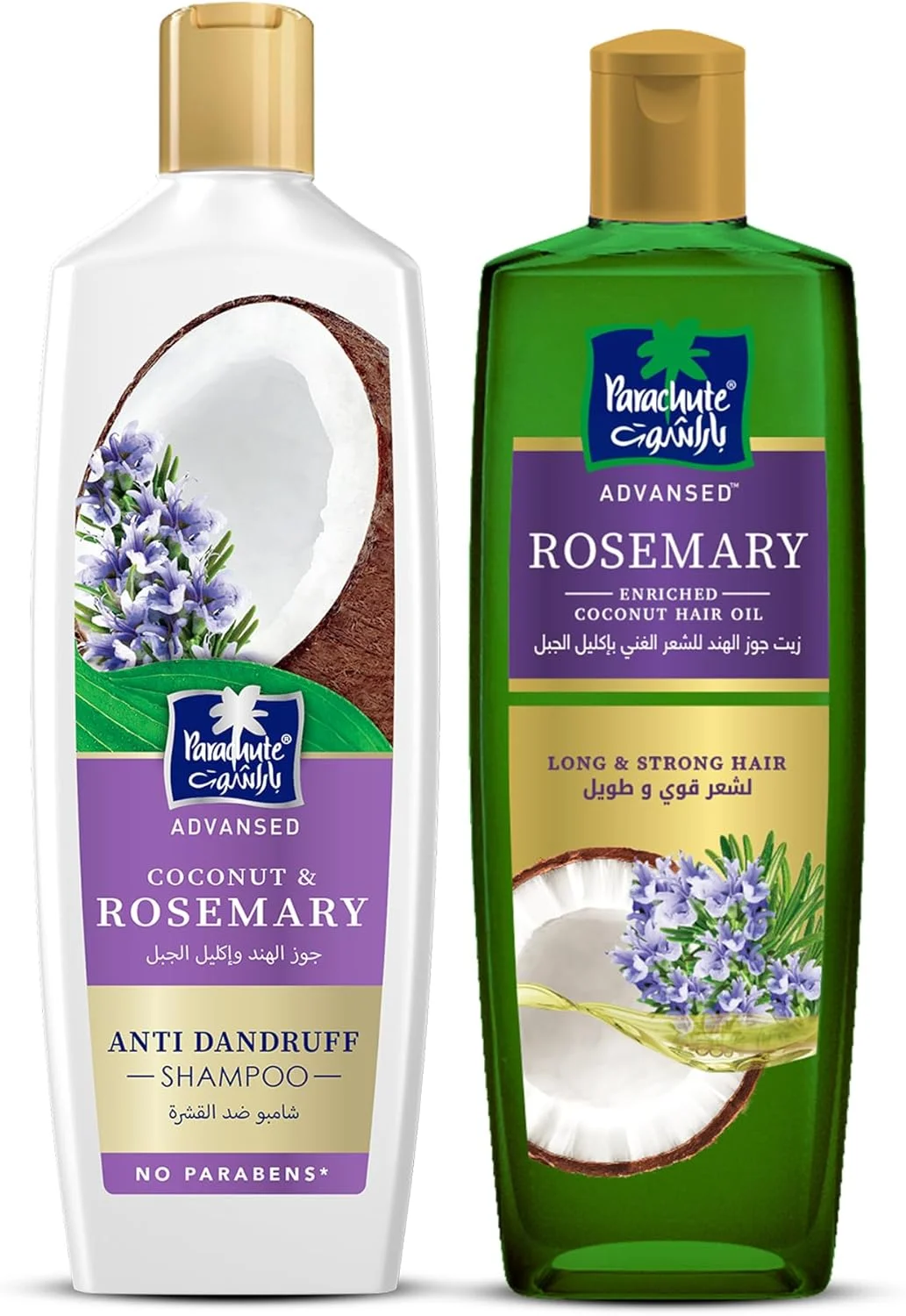 شامپو ضد شوره نارگیل و رزماری پاراشوت ادونسد 340 میلی لیتر + روغن مو نارگیل غنی شده با رزماری پاراشوت ادونسد برای موهای بلندتر و قوی تر 300 میلی لیتر