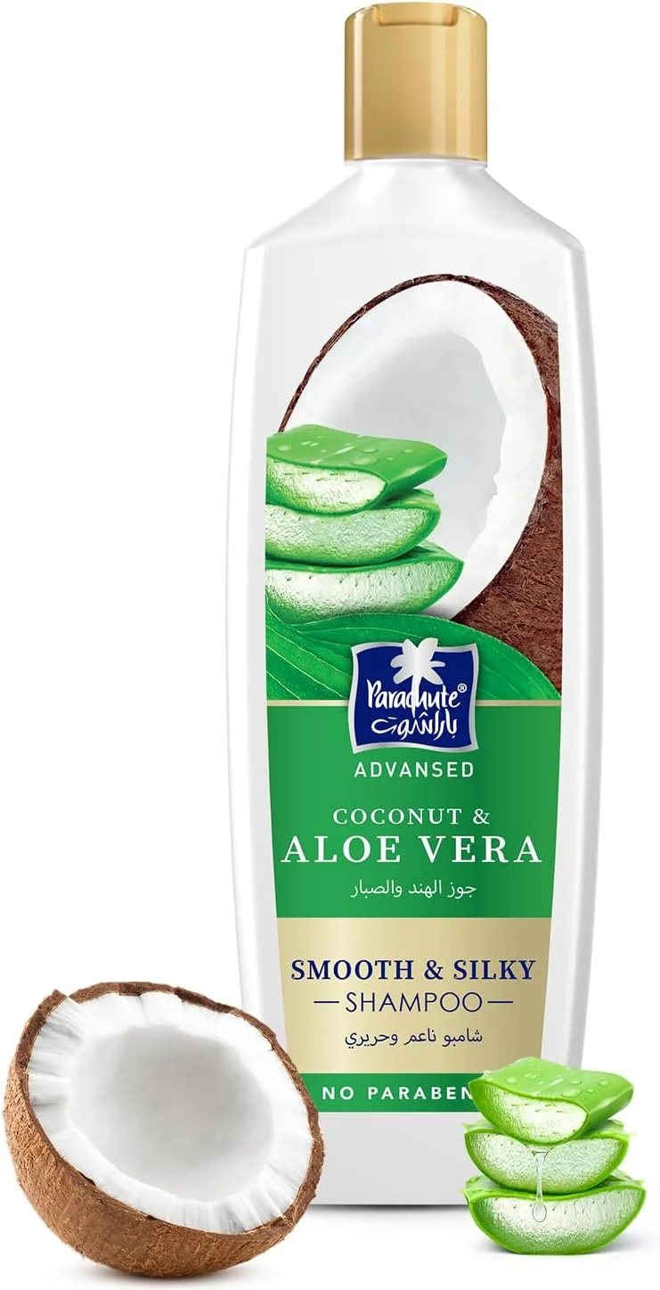 شامپو پاراشوت ادونسد نرم و ابریشمی با آلوئه ورا و نارگیل، تغذیه کننده و درخشان کننده مو، ترمیم کننده موهای آسیب دیده و موخوره، 0% مواد شیمیایی مضر، 340 میلی لیتر